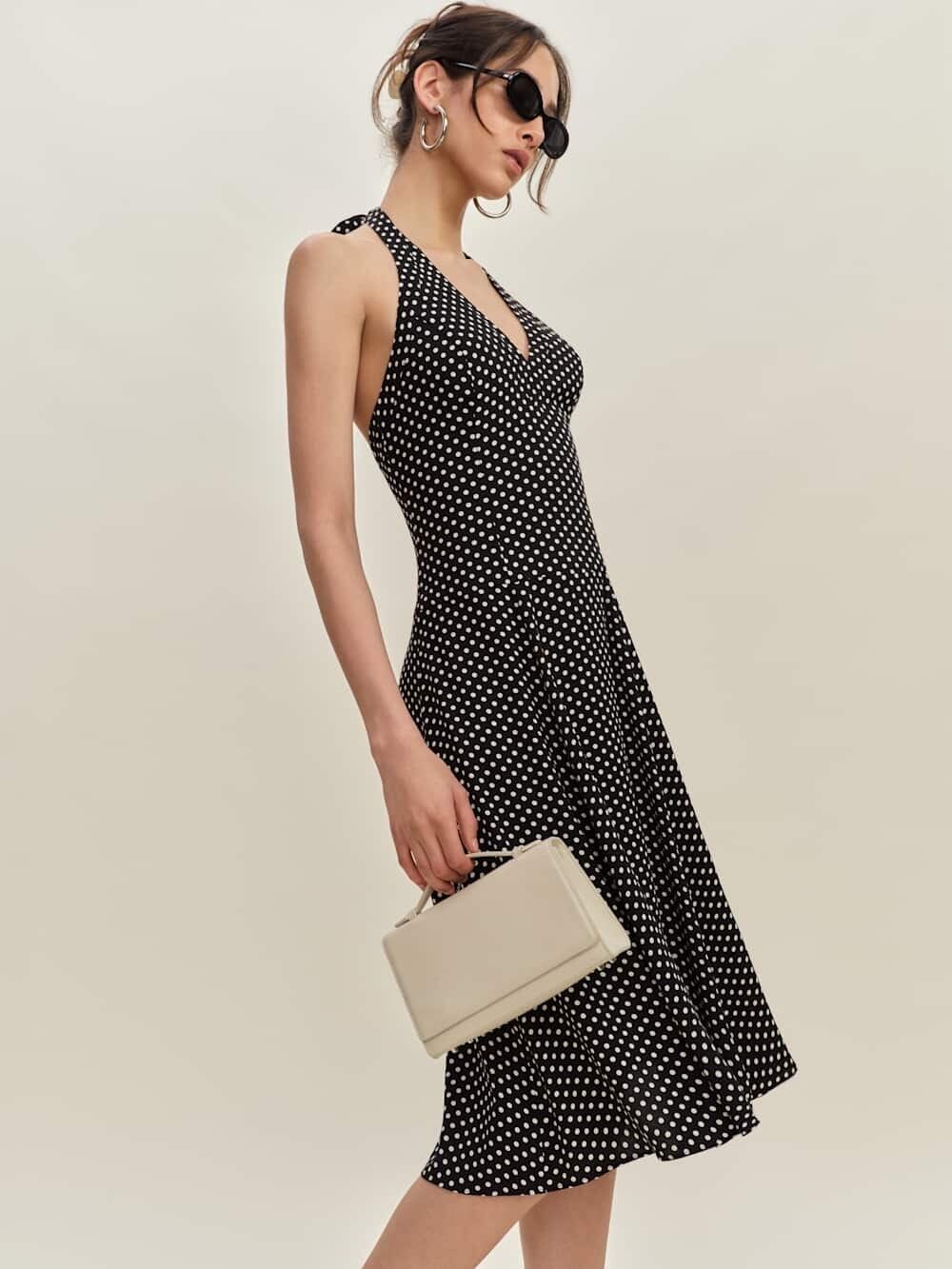 NWT Reformation Black and White Polka Dot Halter Midi Sofia dress in Caviar dot